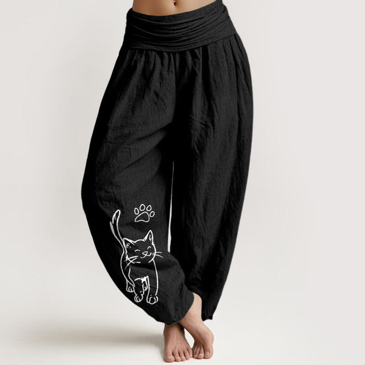 Buddha Stones Harembroek voor dames van 100% Cotton met schattige kattenprint en elastische Taille - Zwart - US22, UK/AU26, EU54 (6XL) - image 5