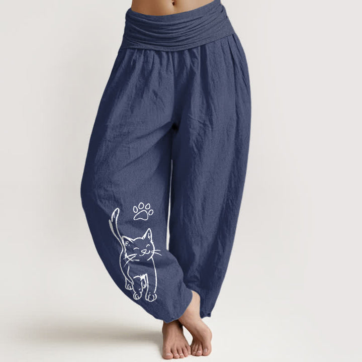 Buddha Stones Harembroek voor dames van 100% Cotton met schattige kattenprint en elastische Taille - Donker leisteenblauw - US16, UK/AU20, EU48 (3XL) - image 8