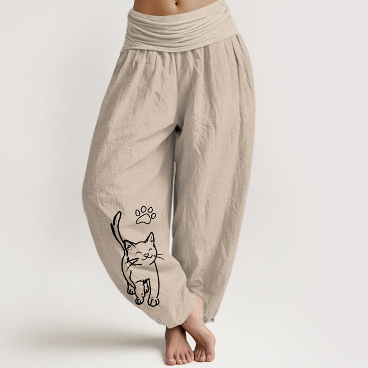Buddha Stones Harembroek voor dames van 100% Cotton met schattige kattenprint en elastische Taille - Bruinen - US16, UK/AU20, EU48 (3XL) - image 11
