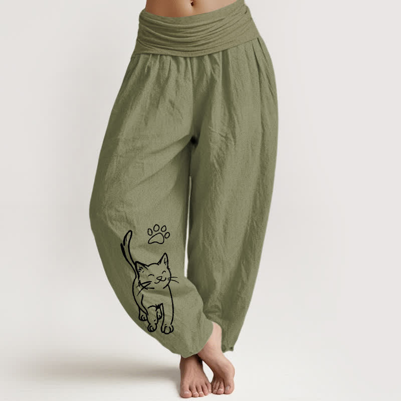 Buddha Stones Harembroek voor dames van 100% Cotton met schattige kattenprint en elastische Taille - Olijfgroen - US16, UK/AU20, EU48 (3XL) - image 14