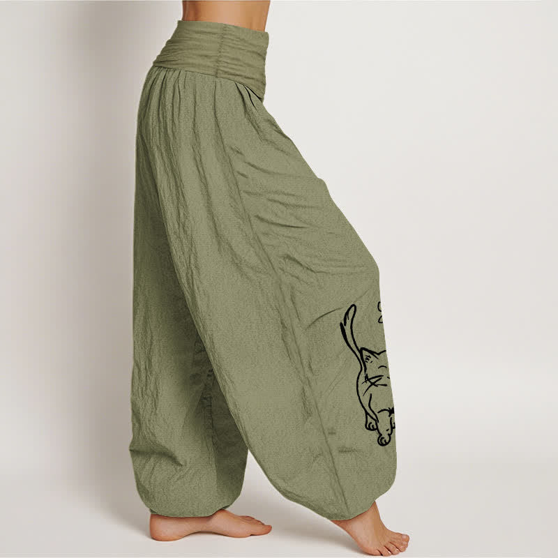 Buddha Stones Harembroek voor dames van 100% Cotton met schattige kattenprint en elastische Taille - image 16