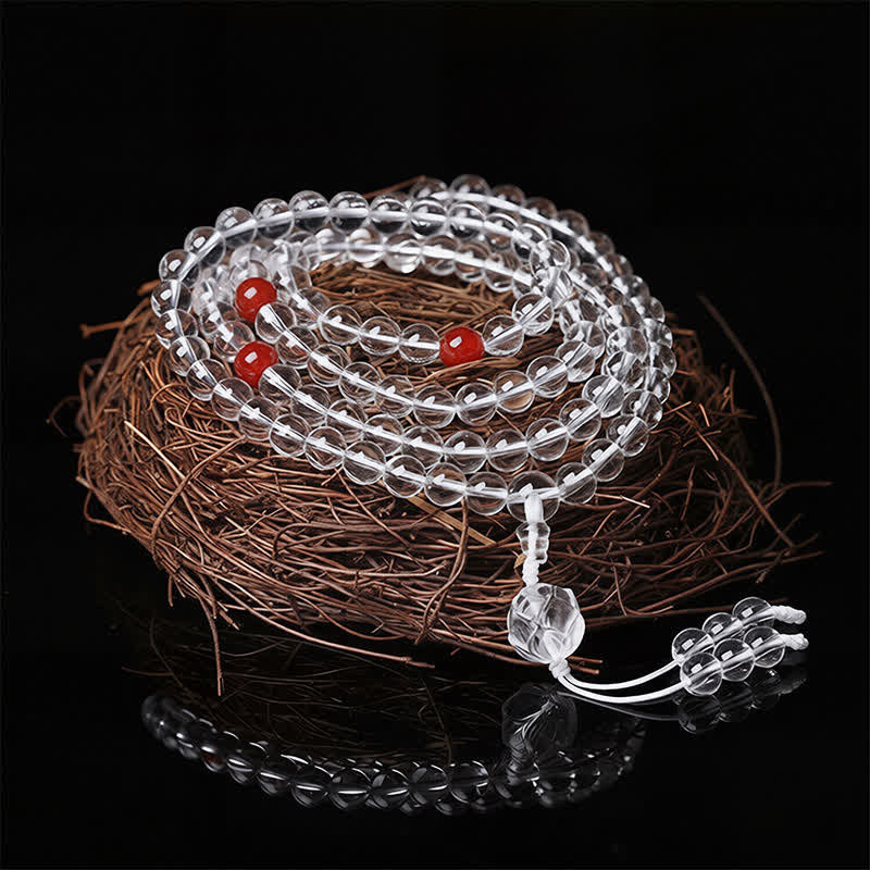 Buddha Stones Liuli Lotus Mala met 108 ronde kralen voor verlichting - Rode kralen, wit koord - image 0