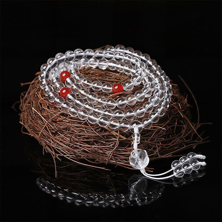 Buddha Stones Liuli Lotus Mala met 108 ronde kralen voor verlichting - Rode kralen, wit koord - image 0