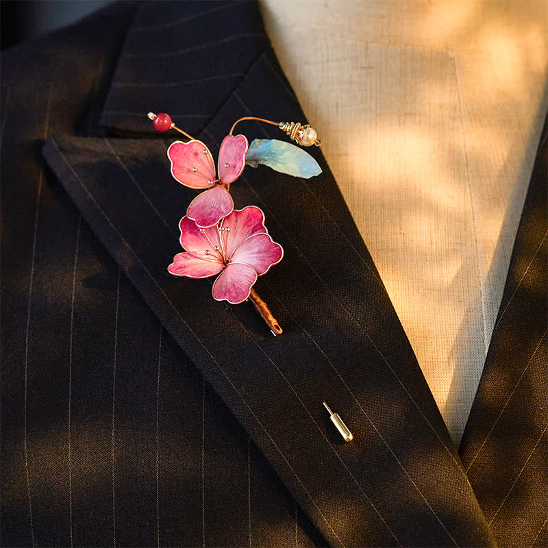 Buddha Stones Handgemaakte zijden fluwelen Broche met rode bloem - image 1