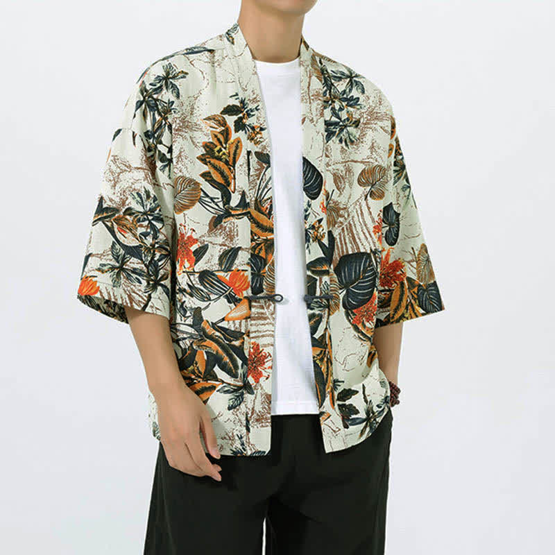 Buddha Stones Zomerse kimono met Korte mouw voor heren, gemaakt van een linnenmix met tropische bladprint. - image 1