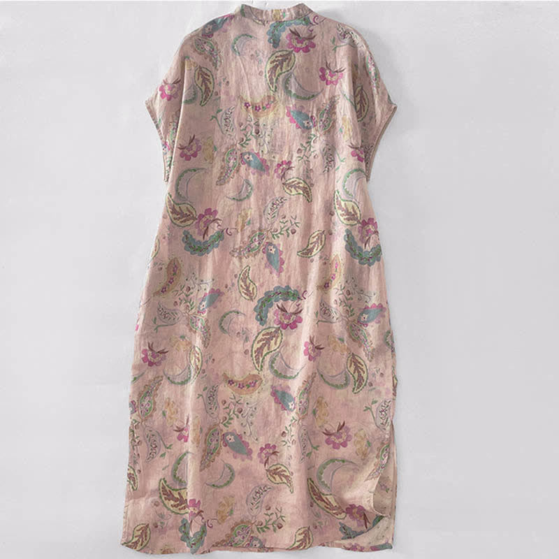Buddha Stones Zomerse vintage jurk met paisleyprint, bloemenmotief , Mandarin kraag, Korte mouw en Zakken voor dames. - image 1
