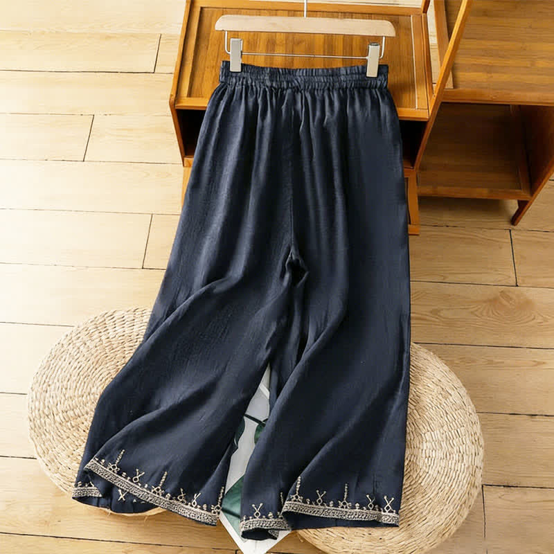 Buddha Stones Zomerse boho damesbroek met wijde pijpen en Zakken , geborduurd in effen kleur. - Middernachtblauw - US8-10，UK/AU12-14，EU40-42 (2XL) - image 0