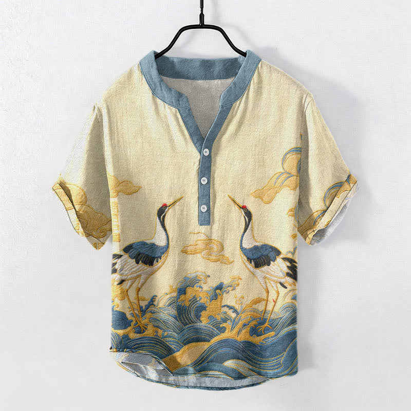 Buddha Stones Katoenen herenoverhemd met kraanvogel- en golfmotief, Korte mouw en halve knoopsluiting. - Lichtgoudgeel - US/UK/AU50, EU60 (5XL) - image 0