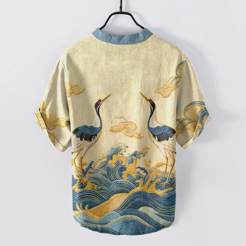 Buddha Stones Katoenen herenoverhemd met kraanvogel- en golfmotief, Korte mouw en halve knoopsluiting. - image 1
