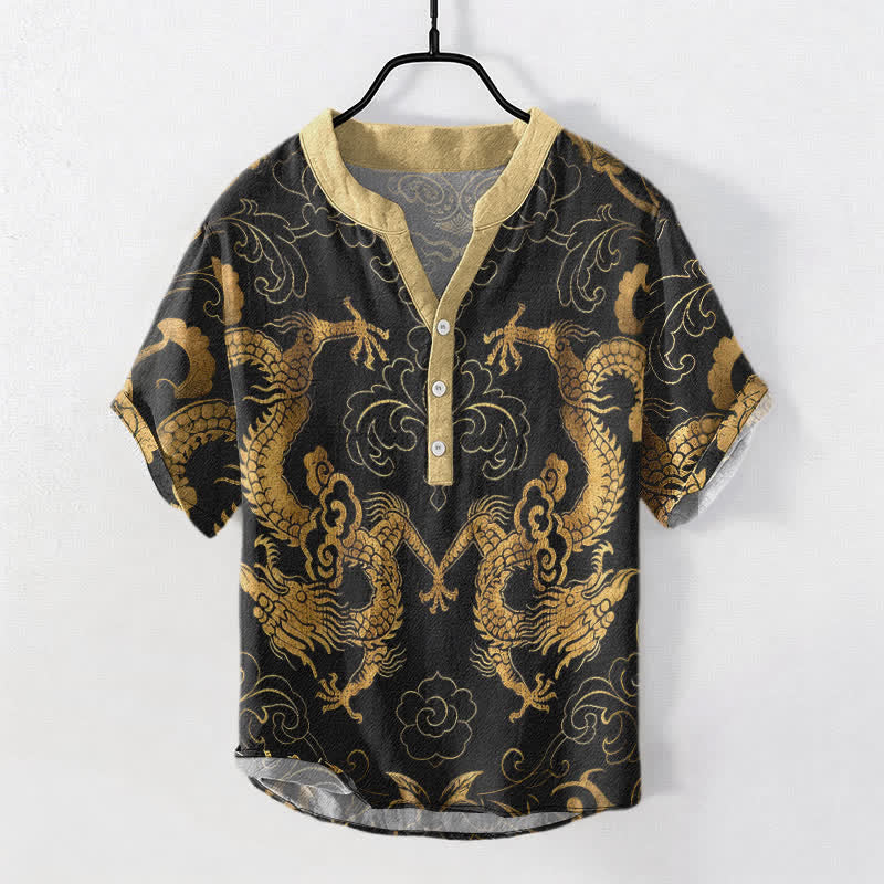 Buddha Stones Katoenen herenoverhemd met draak en wolkmotief , Korte mouw en halve knoopsluiting. - Goud - US/UK/AU50, EU60 (5XL) - image 0