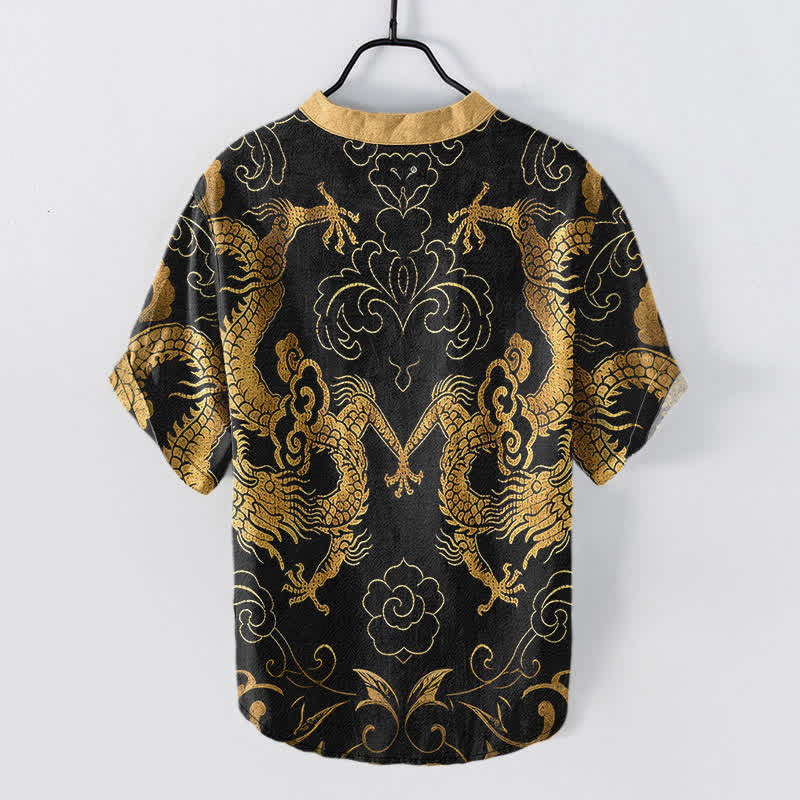 Buddha Stones Katoenen herenoverhemd met draak en wolkmotief , Korte mouw en halve knoopsluiting. - image 1