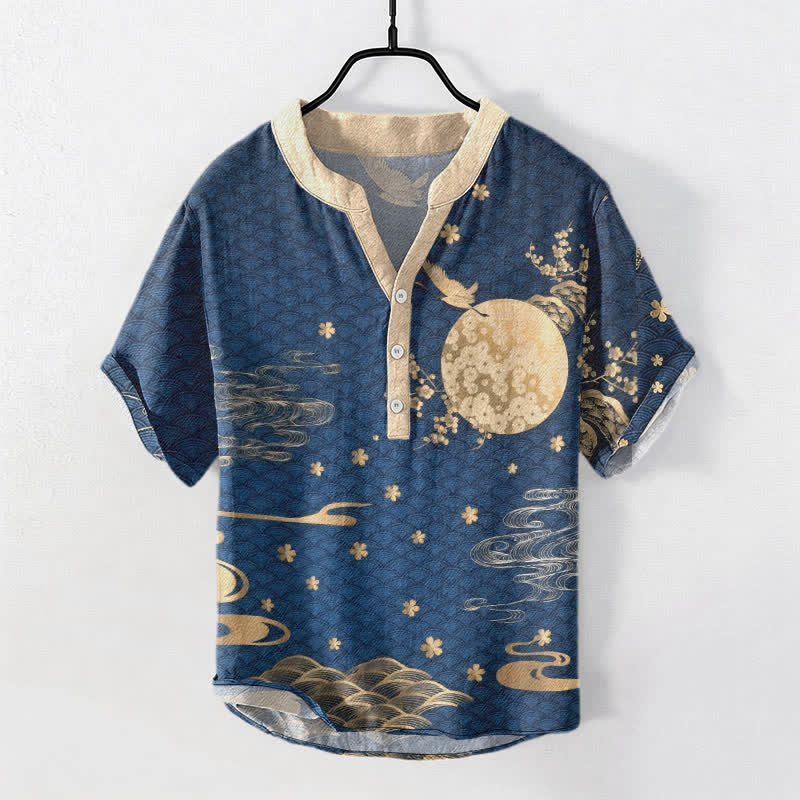 Buddha Stones Katoenen herenoverhemd met pruimenbloesem, Volledige lengte maan en kraanvogelmotief, Korte mouw en halve knoopsluiting. - Staalblauw - US/UK/AU50, EU60 (5XL) - image 0