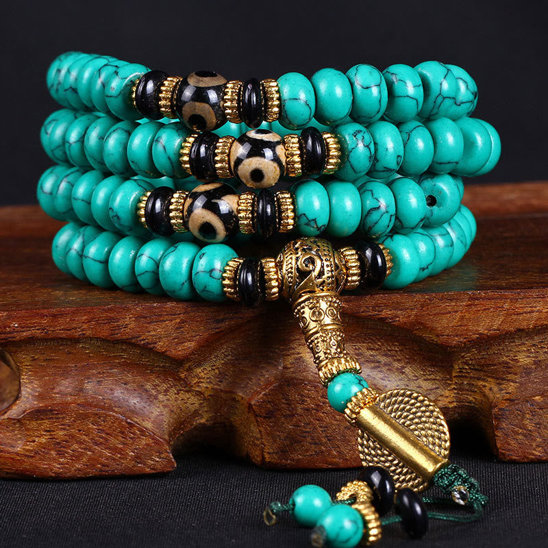 Buddha Stones Tibetaanse mala met 108 turkooizen Dzi-kralen, symbool voor wijsheid en balans . - 10mm* 108 - image 0