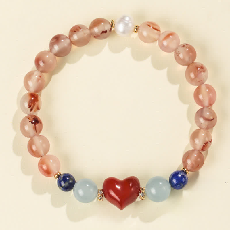 Buddha Stones Hartvormig ontwerp Zuid-rode agaat lapis lazuli Armband - Zuid-rode agaat (Polsomtrek 15-16 cm) - image 0