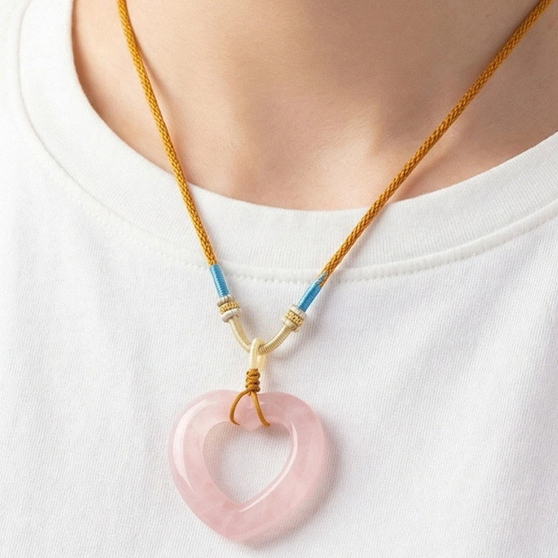 Buddha Stones Ketting van natuurlijk rozenkwarts met hol liefdeshart en symbool voor zorgzaamheid - image 6