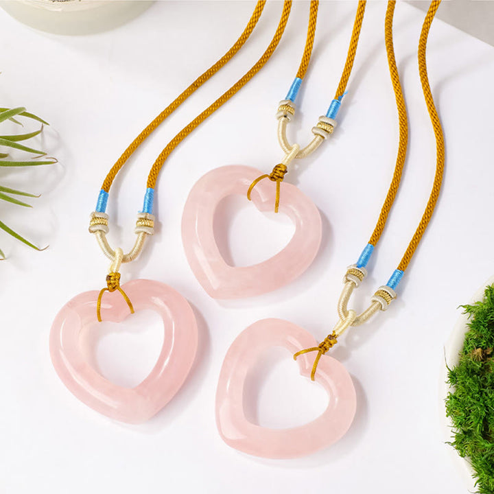 Buddha Stones Ketting van natuurlijk rozenkwarts met hol liefdeshart en symbool voor zorgzaamheid - image 4