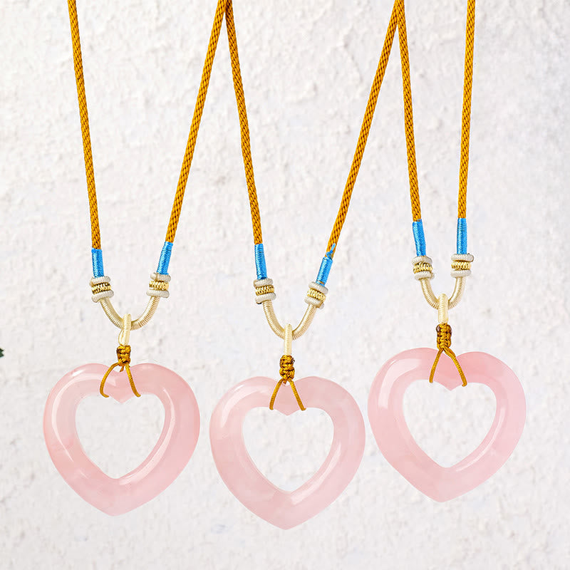 Buddha Stones Ketting van natuurlijk rozenkwarts met hol liefdeshart en symbool voor zorgzaamheid - image 0