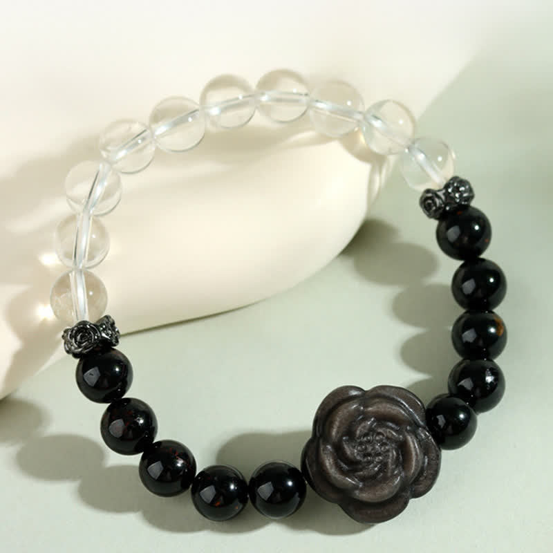 Buddha Stones Armband met focusmotief van zwarte toermalijn en heldere kwarts, gegraveerd met een roos. - Zwarte toermalijn (Polsomtrek 15-16 cm) - image 0