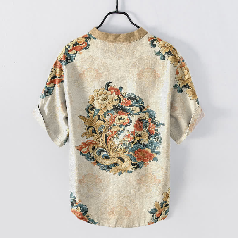 Buddha Stones Katoenen herenoverhemd met oosters pioenroos- en feniksmotief , Korte mouw en halve knoopsluiting. - image 1