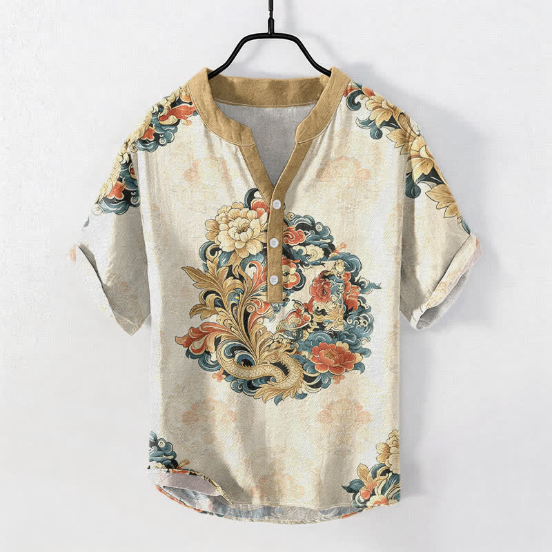 Buddha Stones Katoenen herenoverhemd met oosters pioenroos- en feniksmotief , Korte mouw en halve knoopsluiting. - Beige - US/UK/AU50, EU60 (5XL) - image 0