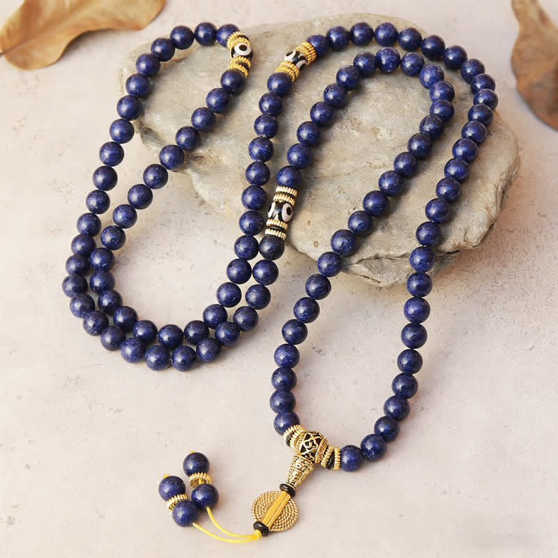 Buddha Stones 108 kralen van lazuriet, lapis lazuli, drieoogige dzi-kralen, positieve Mala - image 1