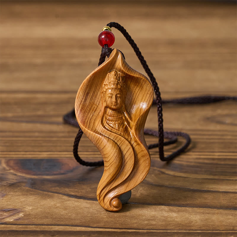 Buddha Stones Guanyin Kwan Yin Avalokiteśvara Lotusblad Platycladus Orientalis Hout Rijkdom Ketting Hanger - image 1
