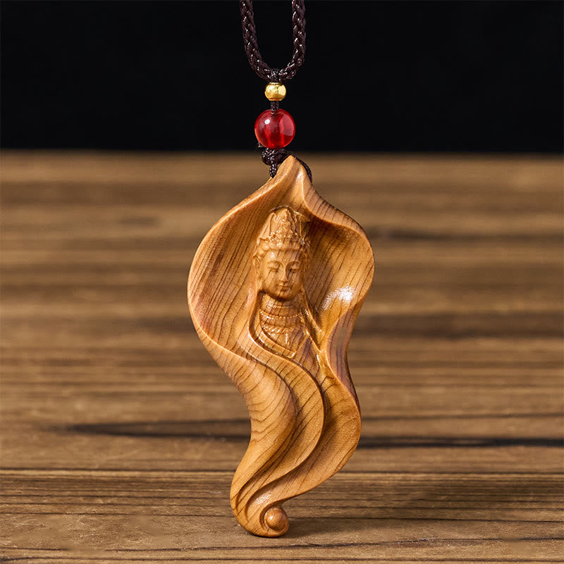 Buddha Stones Guanyin Kwan Yin Avalokiteśvara Lotusblad Platycladus Orientalis Hout Rijkdom Ketting Hanger - Avalokiteśvara - image 0