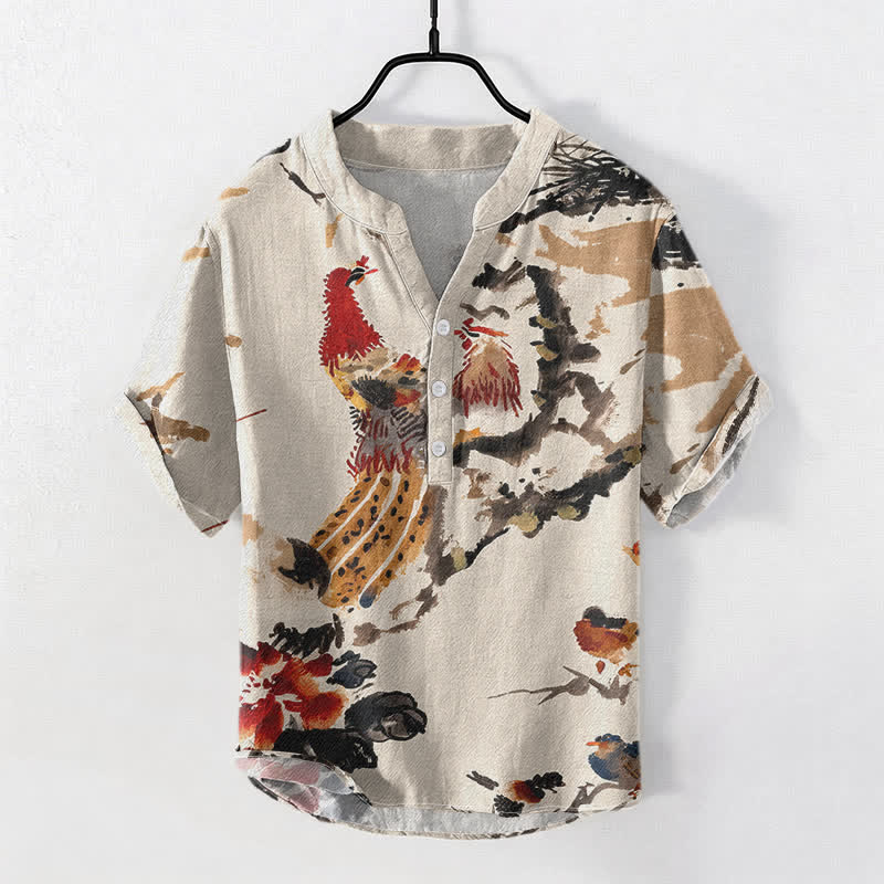 Buddha Stones Katoenen herenoverhemd met Korte mouw en halflange knoopsluiting, met bloemenprint en haanmotief. - Linnen - US/UK/AU50, EU60 (5XL) - image 0