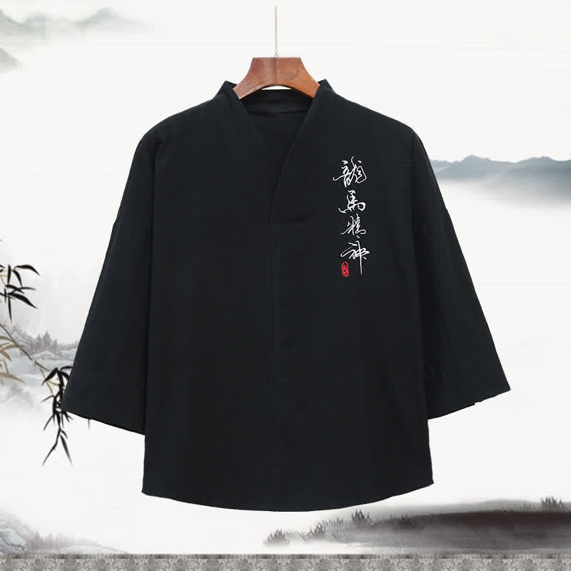Buddha Stones Zomerse Tang-stijl geborduurde T-shirts met Mandarin kraag en kalligrafieprint voor heren , met Mouw tot de elleboog. - Zwart - US/UK/AU46, EU56 (5XL) - image 0