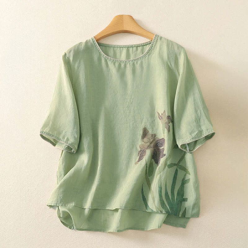 Buddha Stones Zomerse T-shirts met bloemenprint voor dames met Korte mouw - Lichtgroen - US8-10，UK/AU12-14，EU40-42 (2XL) - image 0