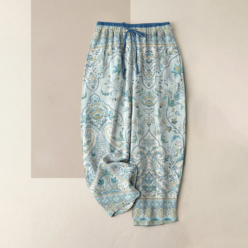 Buddha Stones Zomerse katoenen damesbroek met paisley- en bloemenprint, elastische Taille en Zakken. - Lichtblauw - US16, UK/AU20, EU48 (3XL) - image 0