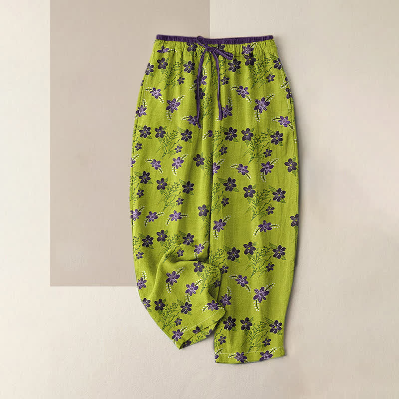 Buddha Stones 100% Cotton damesbroek met elastische Taille en Zakken , met bloemen- en bladmotief. - Geelgroen - US16, UK/AU20, EU48 (3XL) - image 0