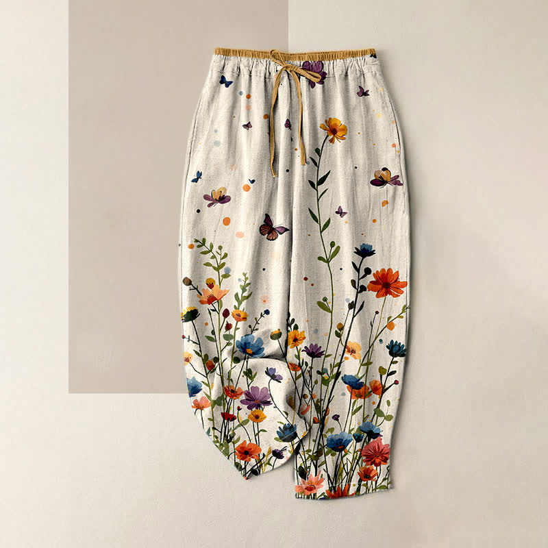 Buddha Stones Damesbroek van 100% Cotton met bohemian bloemen- en vlinderpatroon, elastische Taille en Zakken. - Ivoor - US16, UK/AU20, EU48 (3XL) - image 0