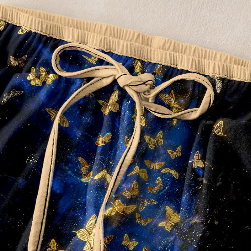 Buddha Stones Damesbroek van puur 100% Cotton met elastische Taille en Zakken , met gouden vlinderpatroon en kleurverloop. - image 1