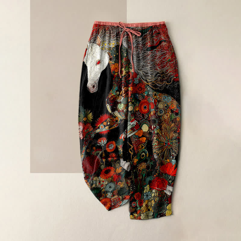 Buddha Stones Damesbroek van 100% Cotton met bohemian bloemen- en paardenprint, elastische Taille en Zakken. - Zwart - US16, UK/AU20, EU48 (3XL) - image 0