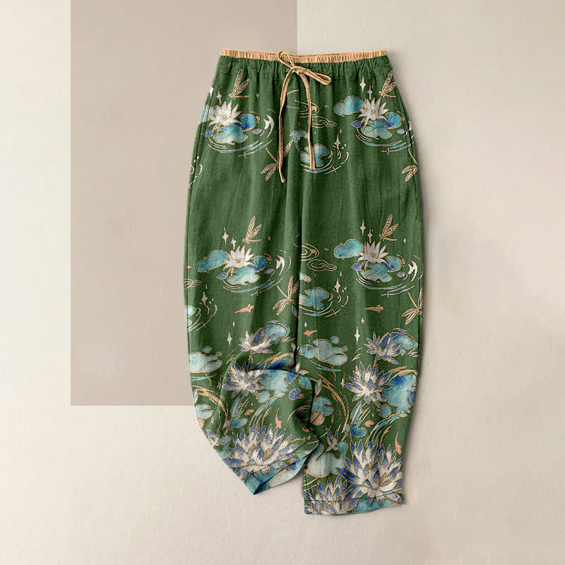 Buddha Stones Damesbroek van 100% Cotton met lotusgolfpatroon, elastische Taille en Zakken. - Donker olijfgroen - US16, UK/AU20, EU48 (3XL) - image 0