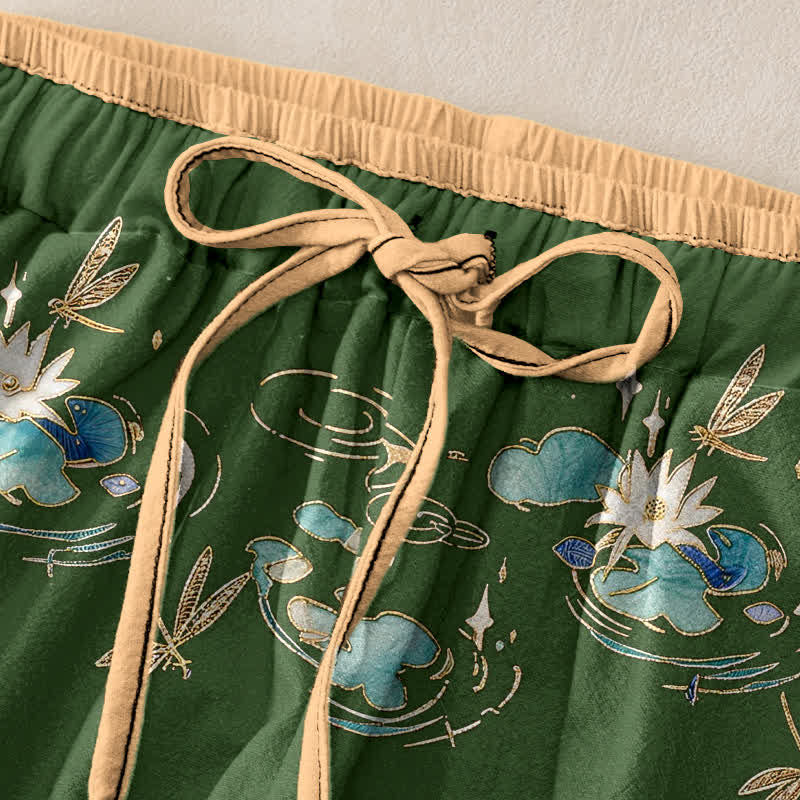 Buddha Stones Damesbroek van 100% Cotton met lotusgolfpatroon, elastische Taille en Zakken. - image 1