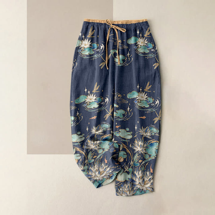 Buddha Stones Damesbroek van 100% Cotton met lotusgolfpatroon, elastische Taille en Zakken. - Marine - US16, UK/AU20, EU48 (3XL) - image 4