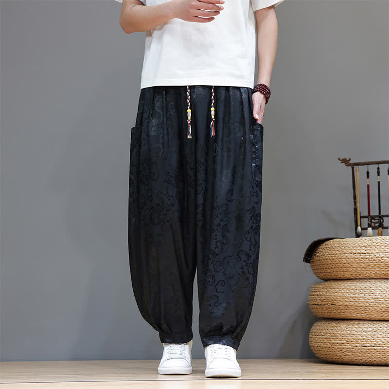 Buddha Stones Zomerse harembroek voor heren met trekkoord, wolkenpatroon, elastische Taille en Zakken. - Zwart - US/UK/AU46, EU56 (5XL) - image 0