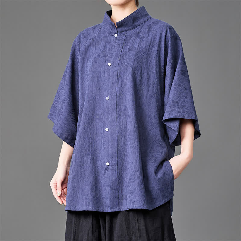 Buddha Stones Zomerse minimalistische Overhemden met Mandarin kraag en knoopsluiting, effen kleur , met Driekwart mouw - Indigo - US/UK/AU46, EU56 (5XL) - image 0