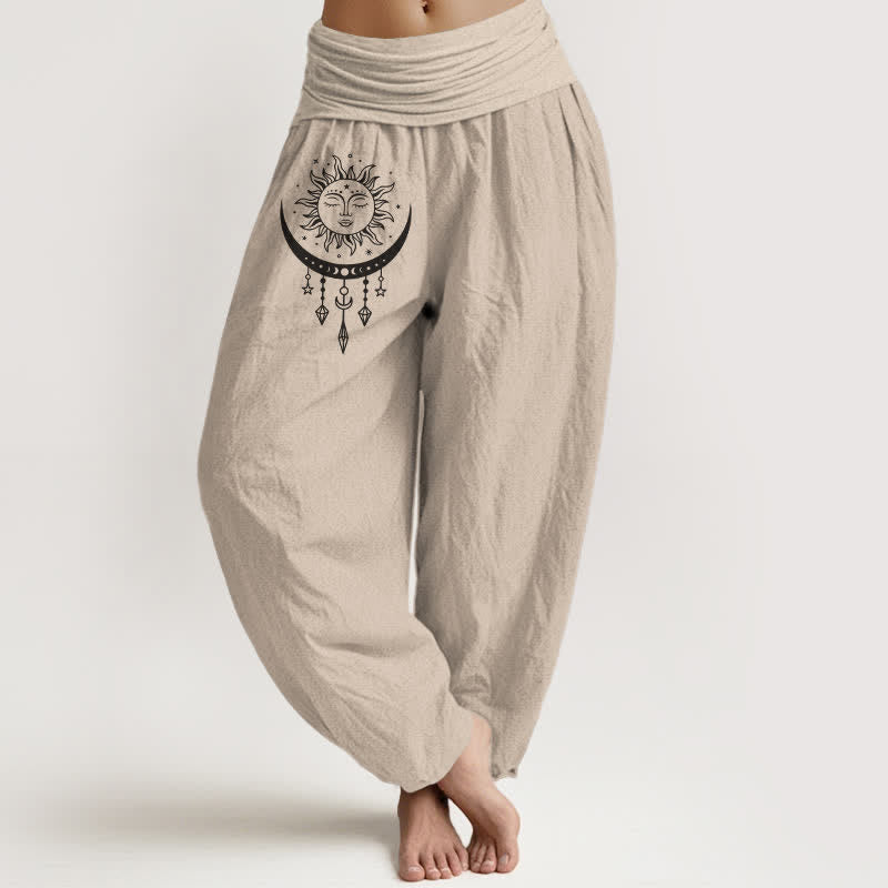 Buddha Stones Harembroek voor dames met elastische Taille, 100% Cotton met een zon-, maan- en sterrenpatroon en kwastjes. - Bruinen - US16, UK/AU20, EU48 (3XL) - image 0