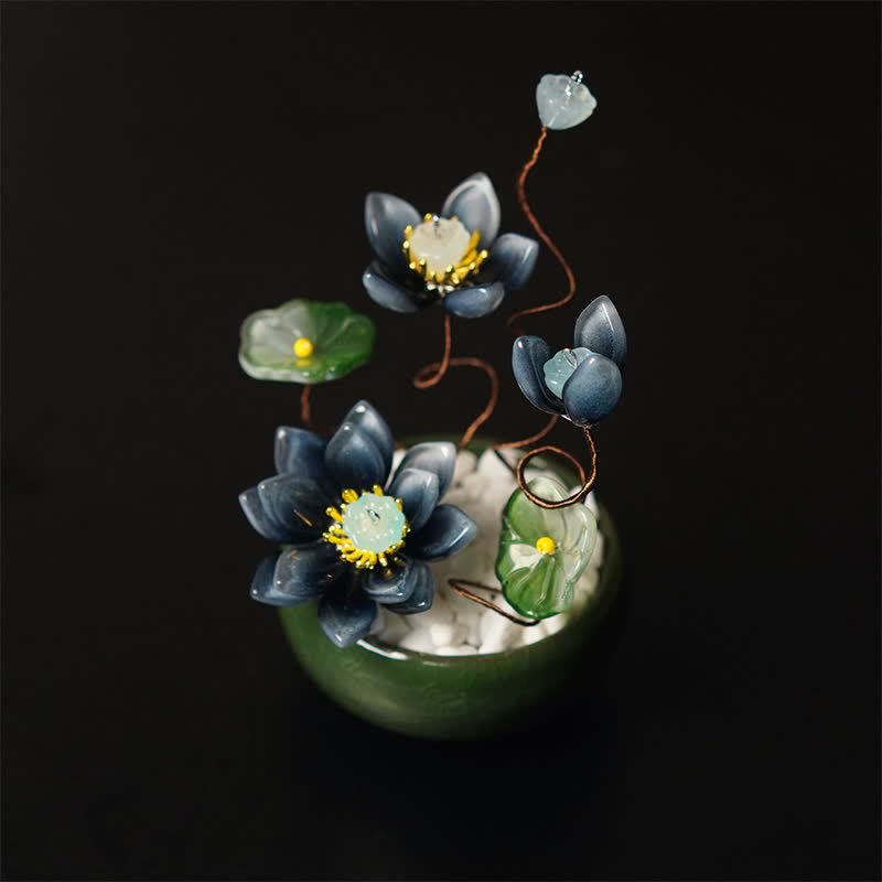Buddha Stones Lotus Liuli bloempot, handgemaakte Mindfulness woondecoratie. - Donkerblauw - image 0