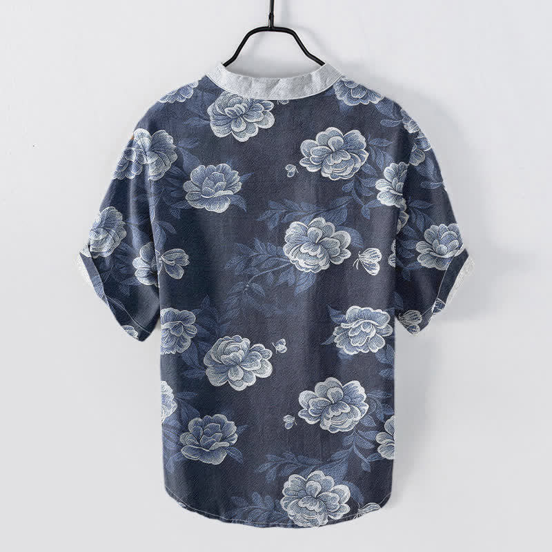 Buddha Stones Katoenen vintage overhemd met pioenbloemenprint voor heren, Korte mouw en halve knoopsluiting. - image 1