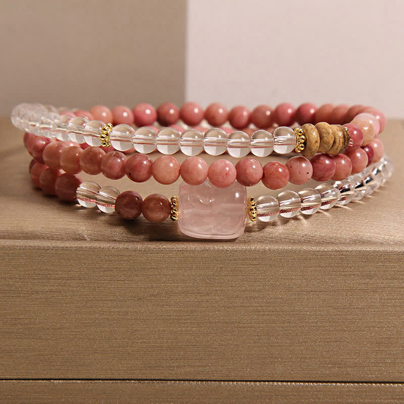 Buddha Stones Rhodoniet, heldere kwarts, rozenkwarts, PiXiu drievoudige Armband - Rhodoniet (Polsomtrek: 17-18 cm) - image 0