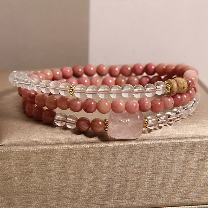 Buddha Stones Rhodoniet, heldere kwarts, rozenkwarts, PiXiu drievoudige Armband - image 2