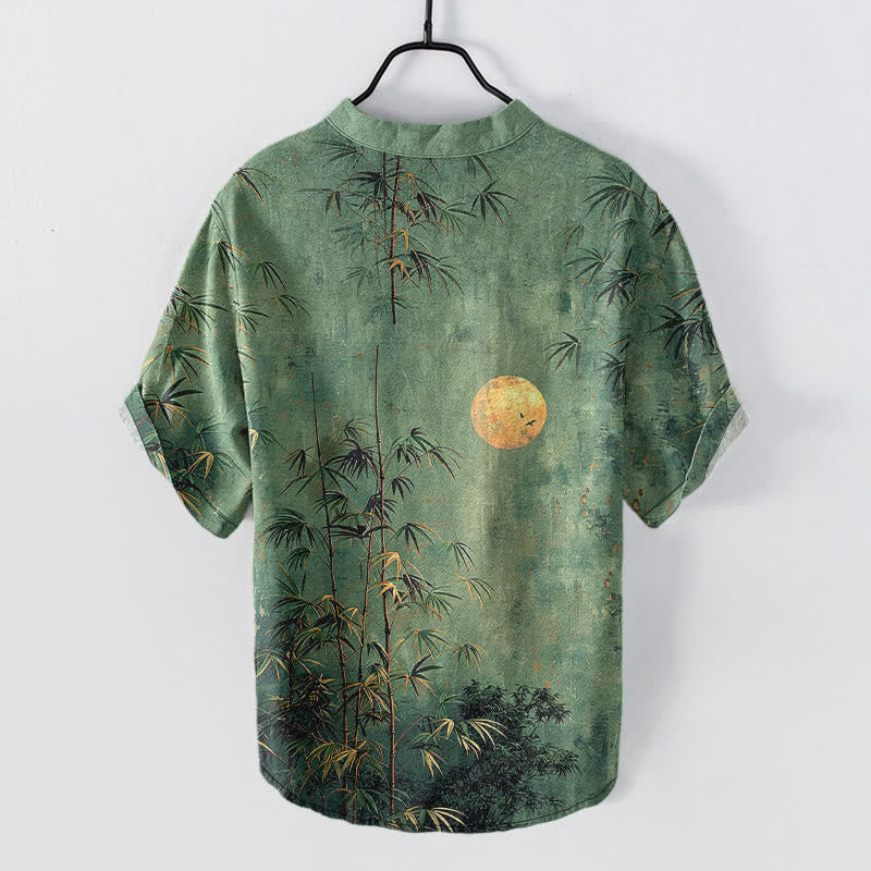 Buddha Stones Katoenen inkt bamboe met gouden maanpatroon heren overhemd met Korte mouw en halve knoopsluiting - image 1