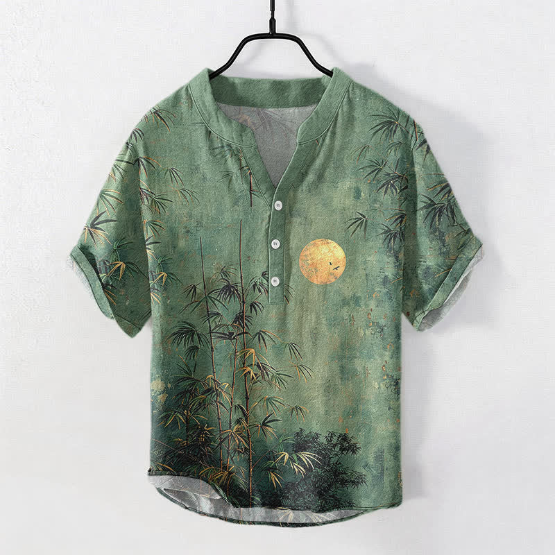Buddha Stones Katoenen inkt bamboe met gouden maanpatroon heren overhemd met Korte mouw en halve knoopsluiting - Zeegroen - US/UK/AU50, EU60 (5XL) - image 0