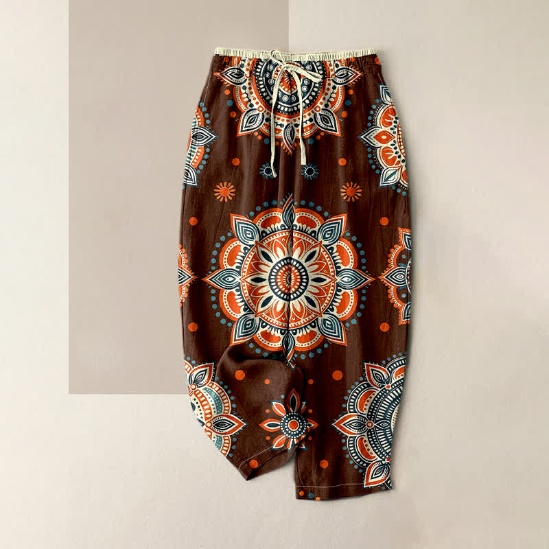 Buddha Stones Damesbroek van 100% Cotton met mandala-bloemenpatroon, elastische Taille en Zakken. - Bruin - US16, UK/AU20, EU48 (3XL) - image 0
