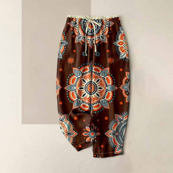 Buddha Stones Damesbroek van 100% Cotton met mandala-bloemenpatroon, elastische Taille en Zakken. - Bruin - US16, UK/AU20, EU48 (3XL) - image 0