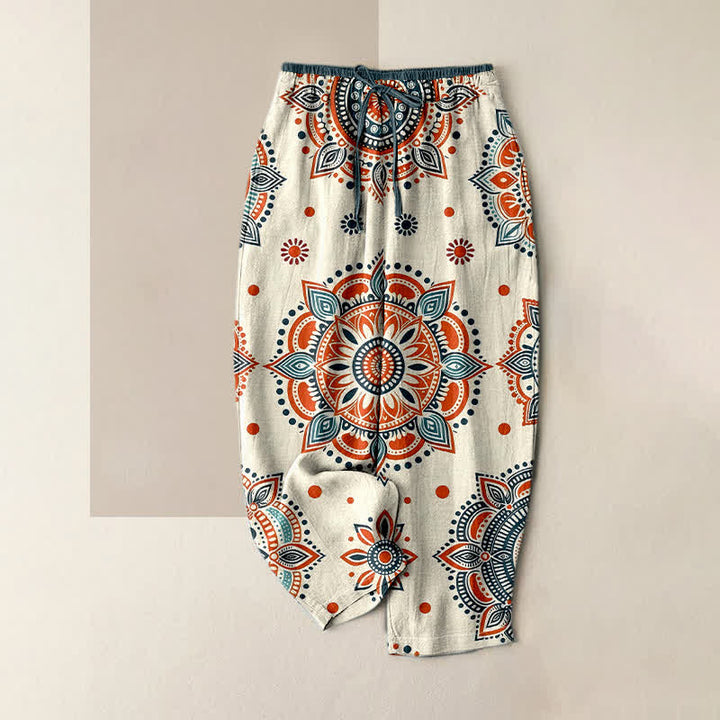 Buddha Stones Damesbroek van 100% Cotton met mandala-bloemenpatroon, elastische Taille en Zakken. - Ivoor - US16, UK/AU20, EU48 (3XL) - image 3